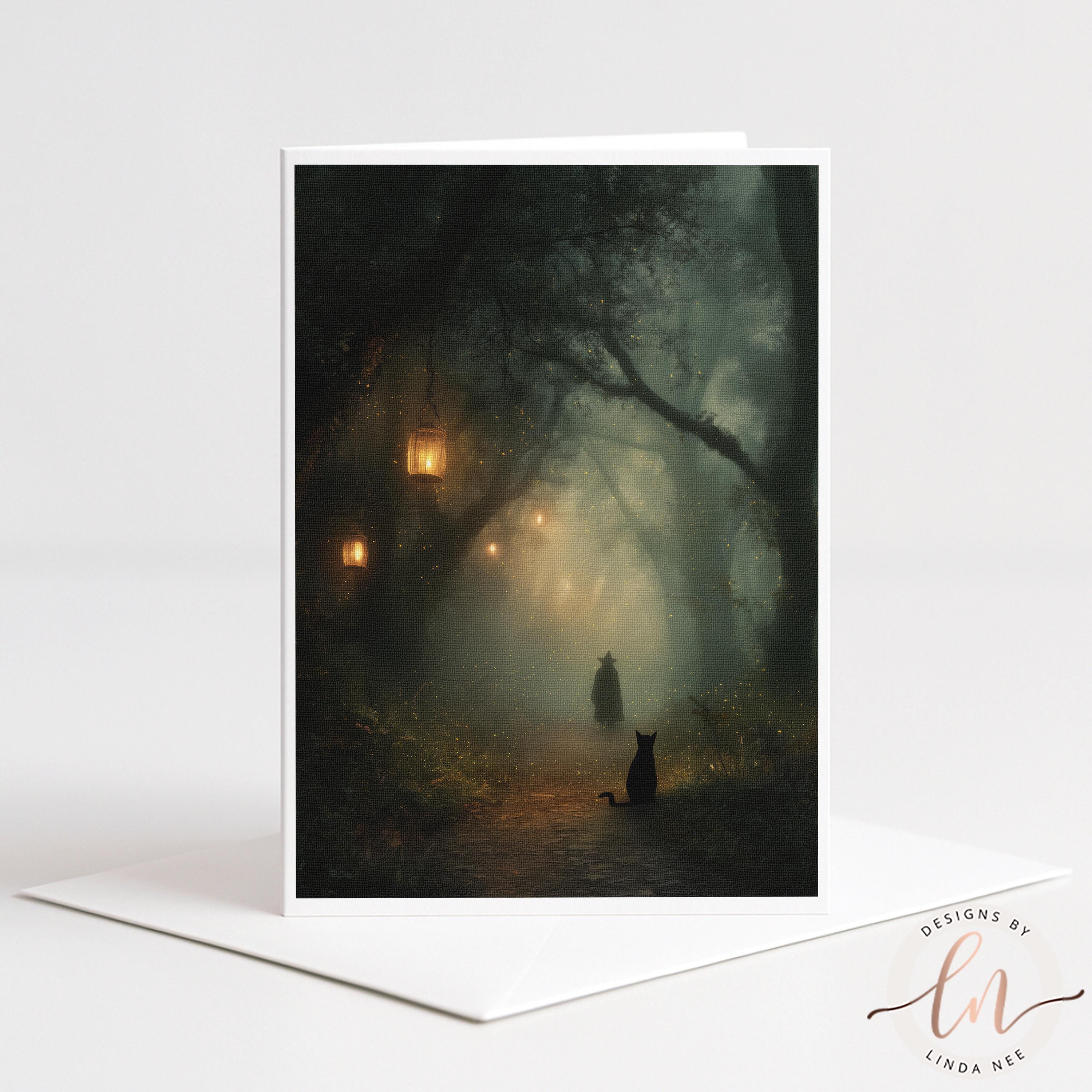 A moody fine art image of a dark, foggy forest path at night. Glowing lanterns hang from twisted tree branches, illuminating a shadowy figure in a witch's hat walking into the distance. A black cat sits in the foreground, facing away and looking down the path. Light sparkles like fireflies are scattered throughout the misty air.