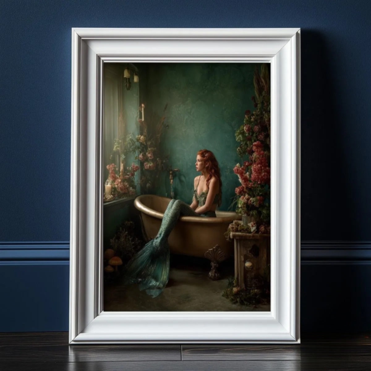 A mermaid sitting in a bathtub surrounded by flowers and plants, with a blue wall in the background.