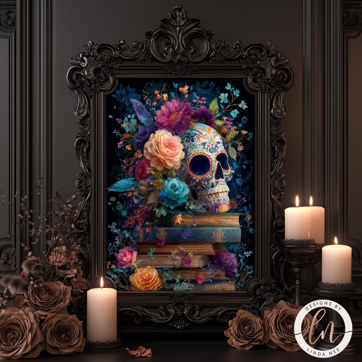 a framed artwork depicting a colorful skull surrounded by flowers and books, set against a dark background.