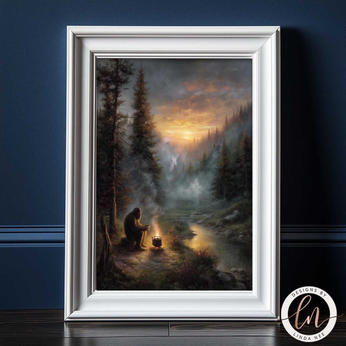 Fine art by Linda Nee featuring Bigfoot seated beside a glowing campfire in a misty evergreen forest at sunset, drinking coffee near a quiet river with moody woodland atmosphere.