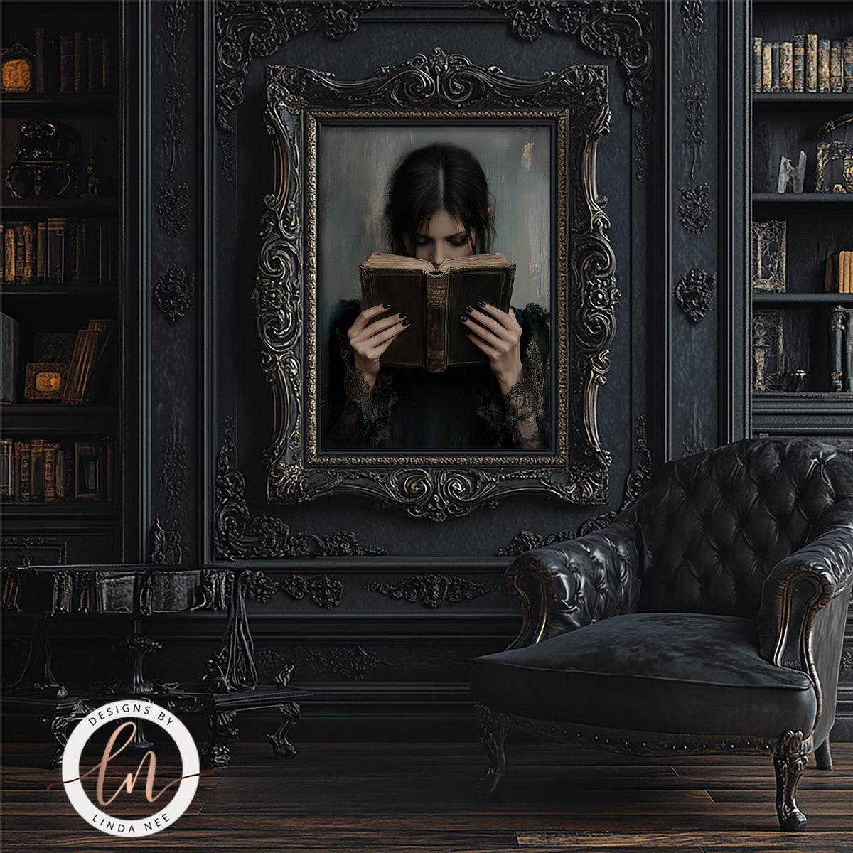 A woman is reading a book in a black frame, with a dark background.