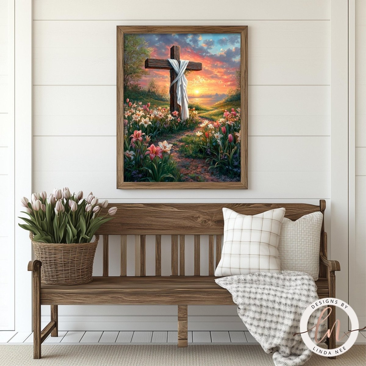 Cloth draped cross among lilies in soft morning light