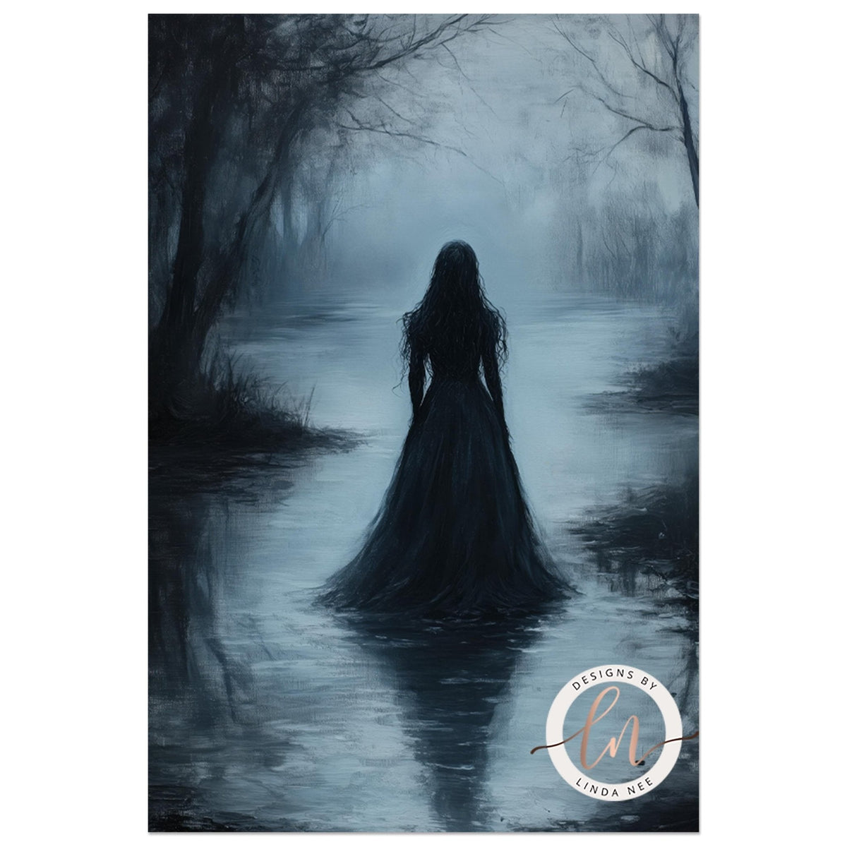 A woman in a long black dress stands in a misty, dark forest, her silhouette reflected in the still water below.