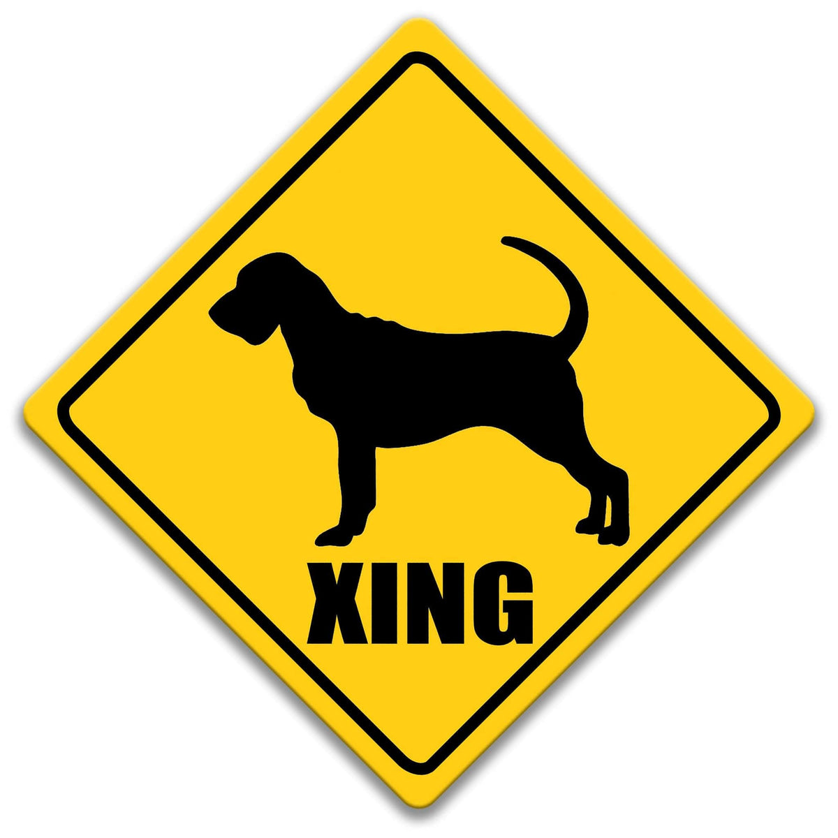 A yellow diamond-shaped sign with a black silhouette of a dog and the word "XING" below it.