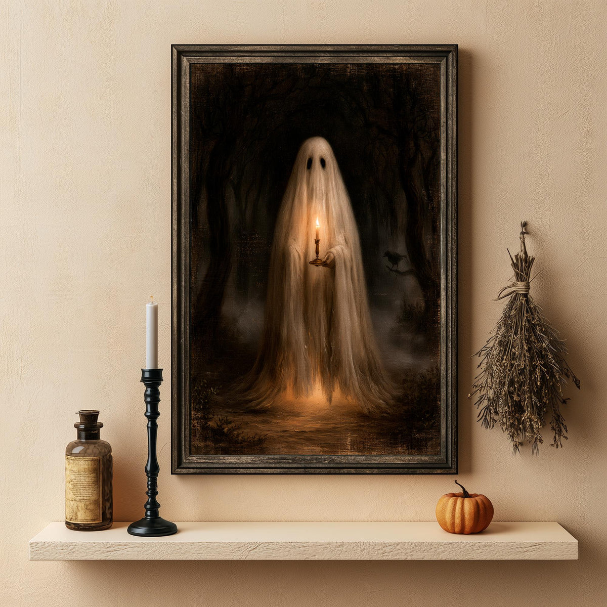 Candlelight ghost print on a shelf beside a bottle, a candle, and a small pumpkin