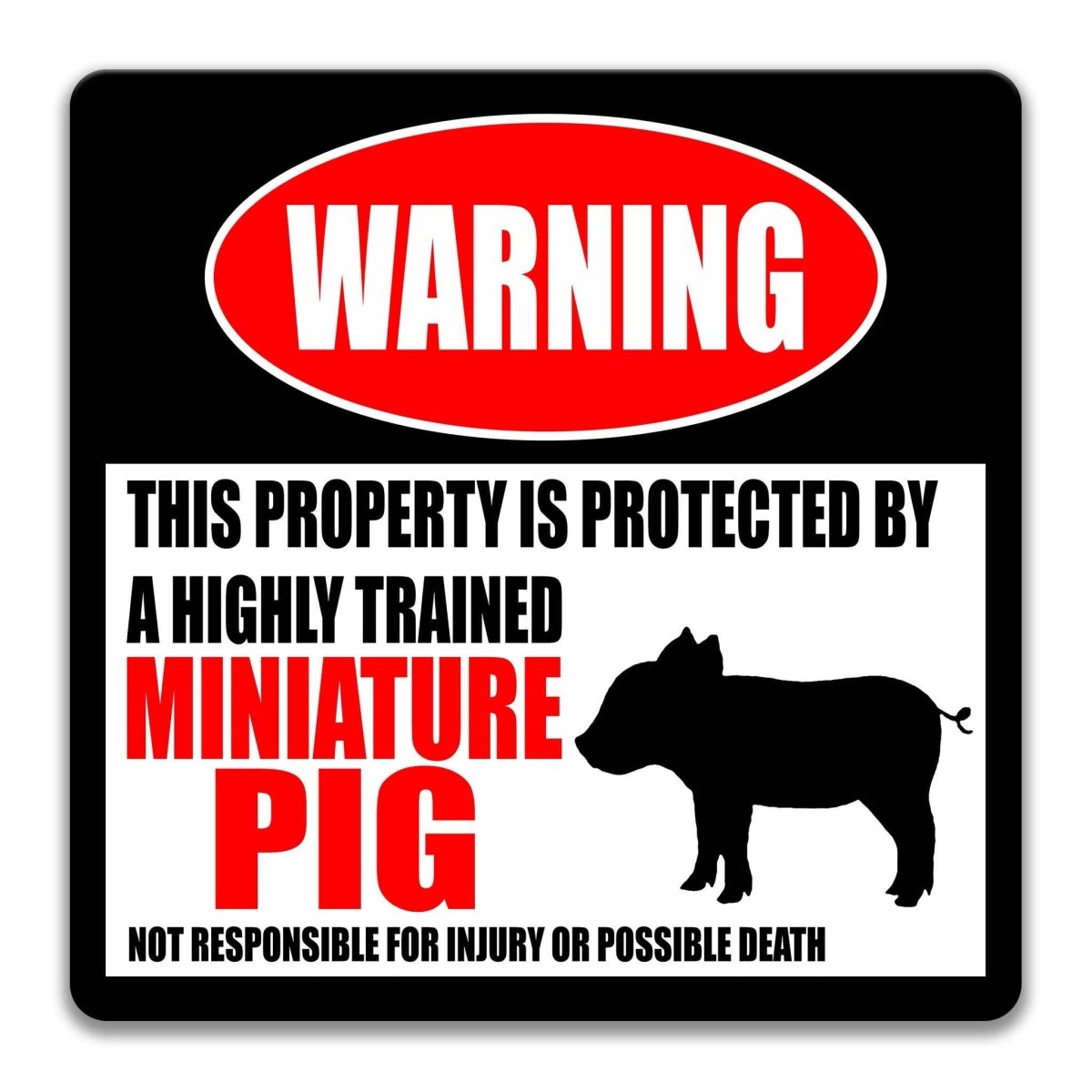 Miniature Pig warning sign, red WARNING banner and large pig silhouette, funny Miniature Pig lover gift, aluminum with rounded corners