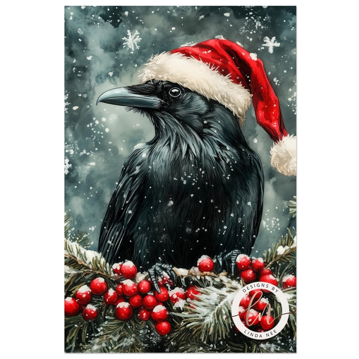 Black raven in a red Santa hat on a berry branch with snow falling around it