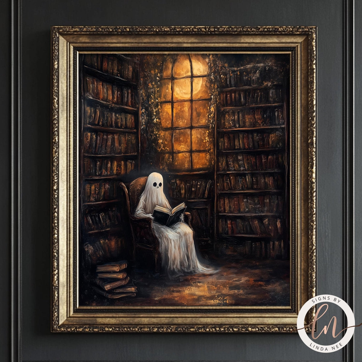Ghost seated in a library chair reading a book by warm light