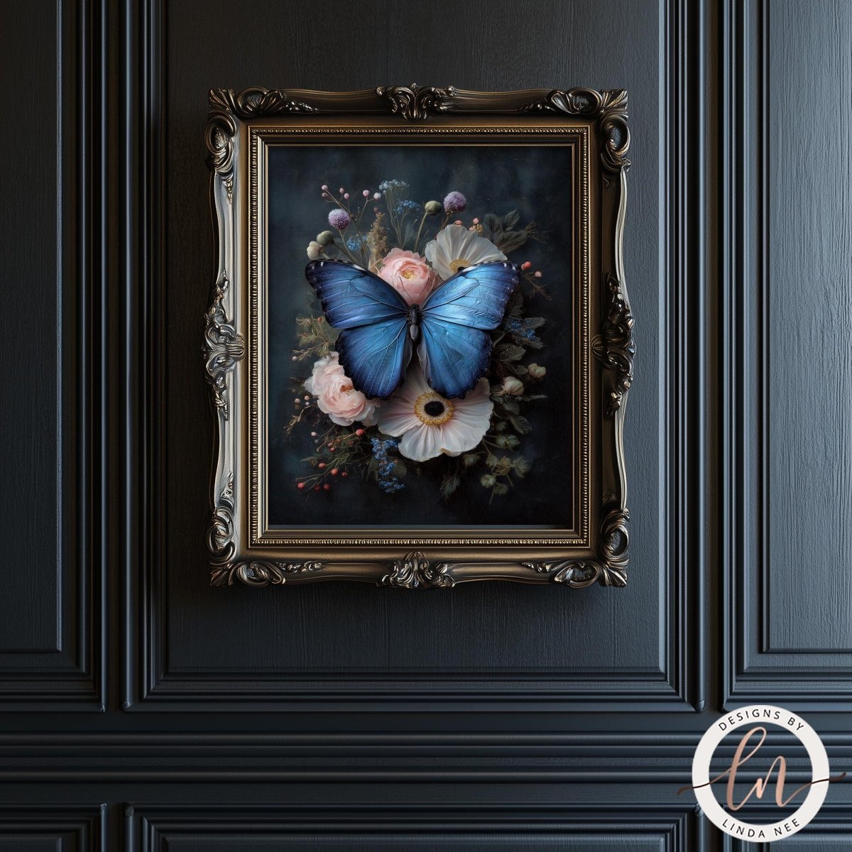 a framed painting of a blue butterfly resting on a floral arrangement.