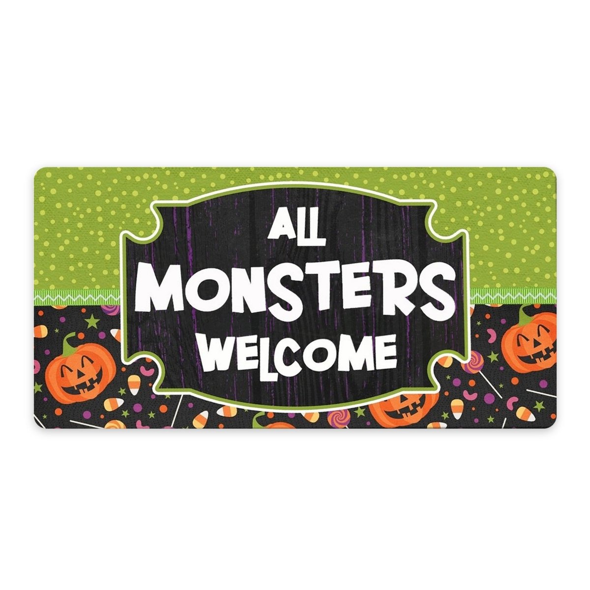 Polka Dot All Monsters Welcome 6x12 metal wreath sign with green polka dots and pumpkins