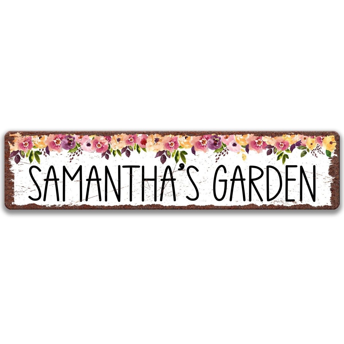 Personalized garden sign, clean white finish, custom name with watercolor floral border