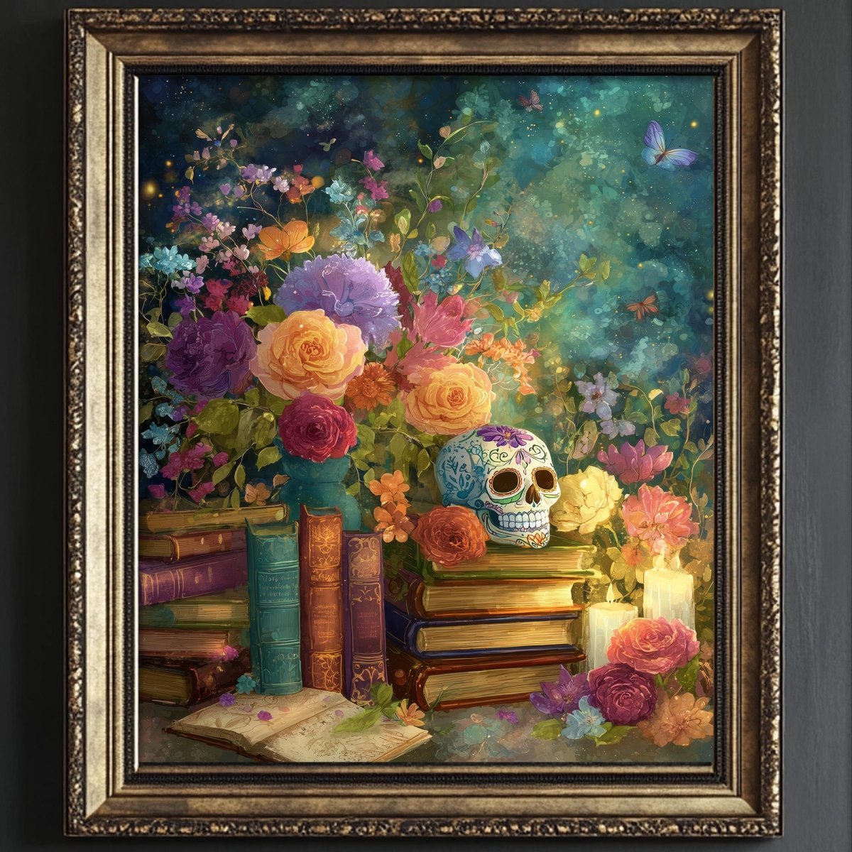 A framed painting depicting a colorful and vibrant scene with a skull, flowers, books, and candles.