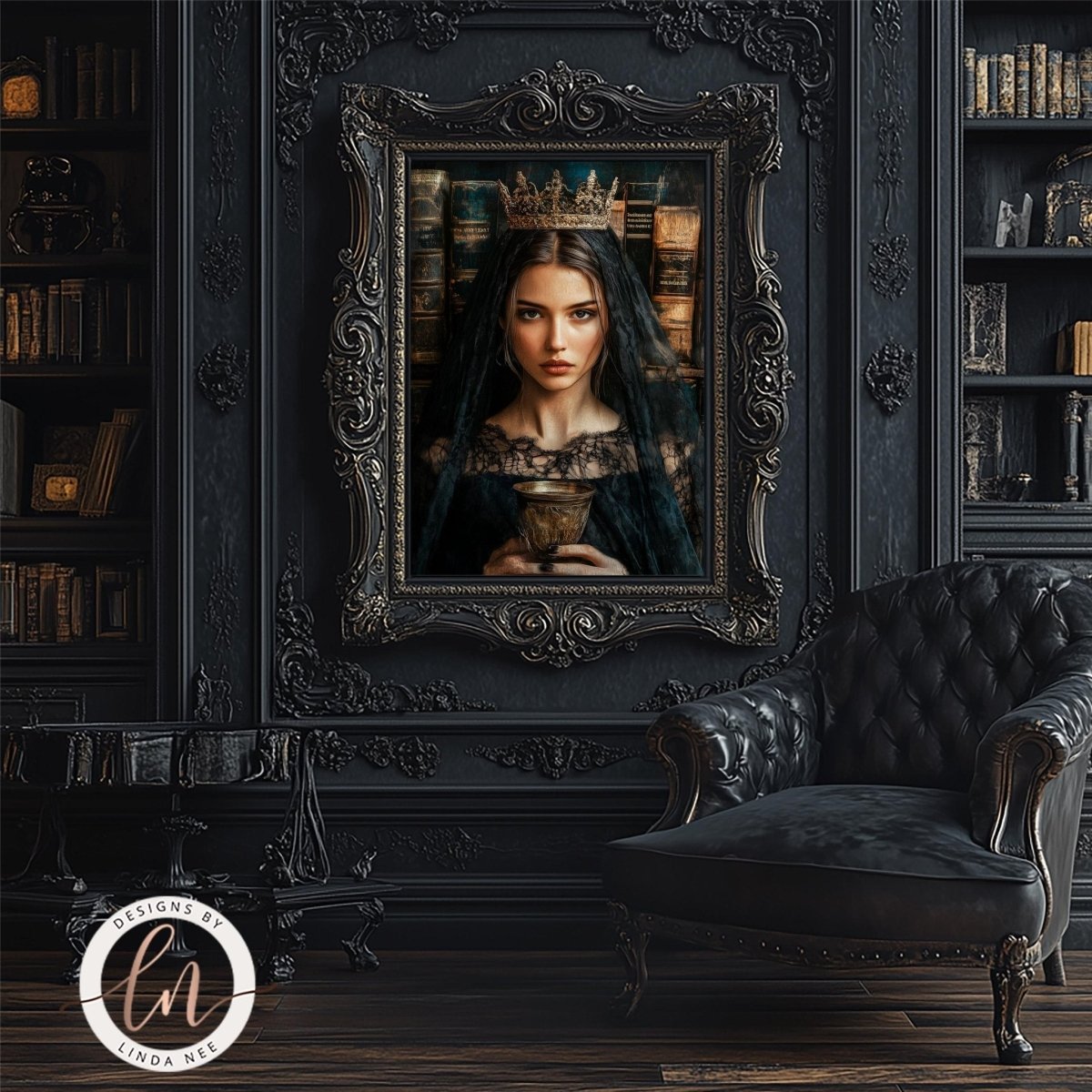 Greek goddess with crown displayed in a room with a leather chair