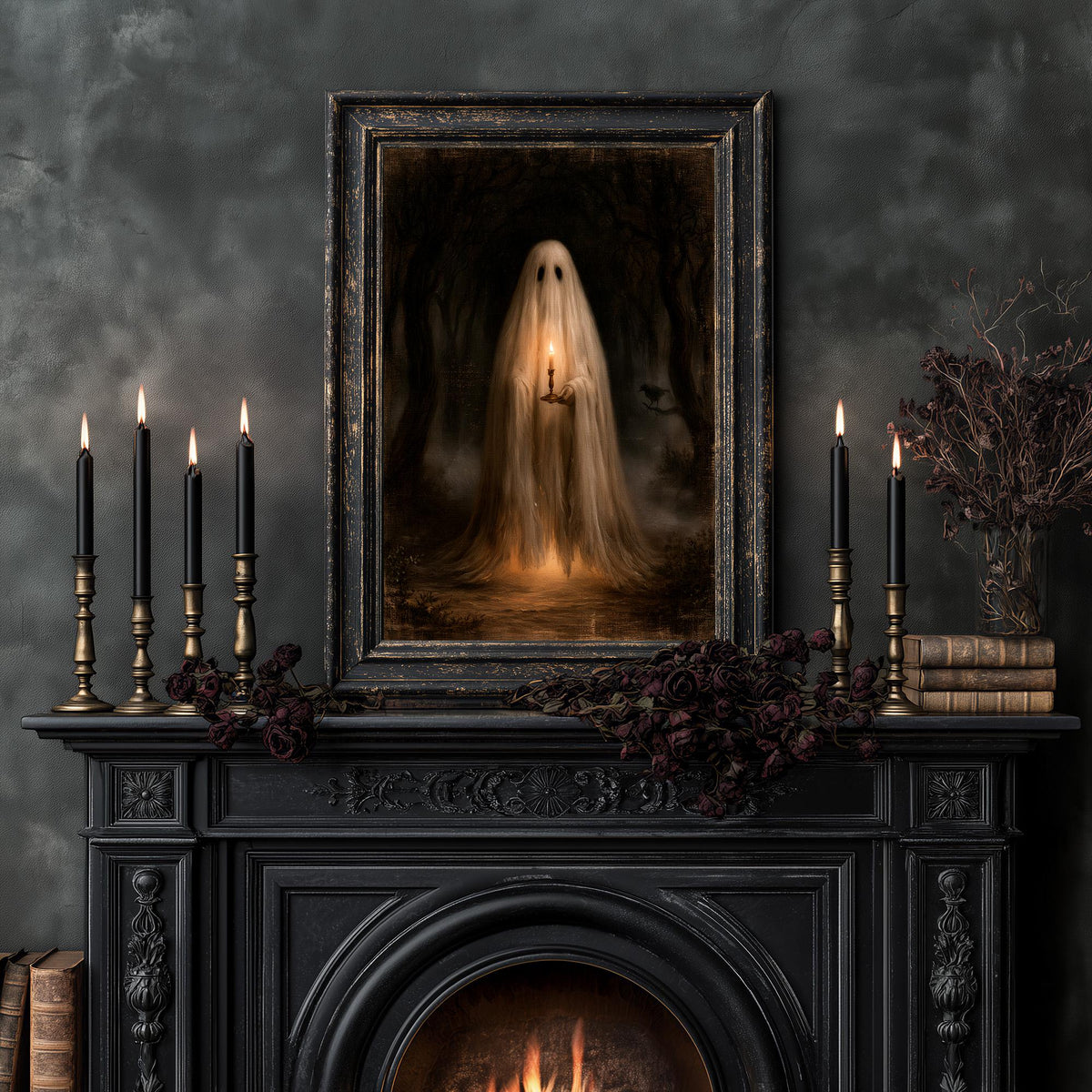 Dark mantel with candles and a flower arrangement under the gothic ghost painting