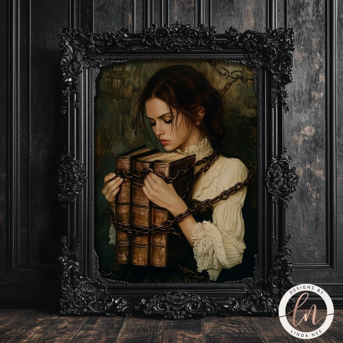 Chained books artwork displayed in an ornate black frame