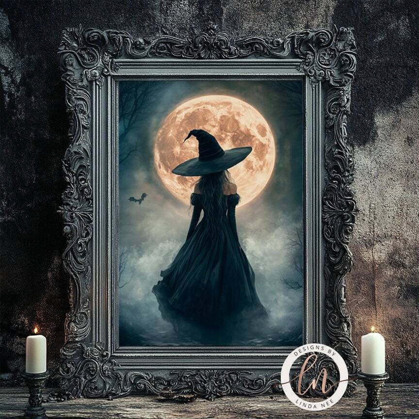 Witch silhouette standing before a large glowing moon