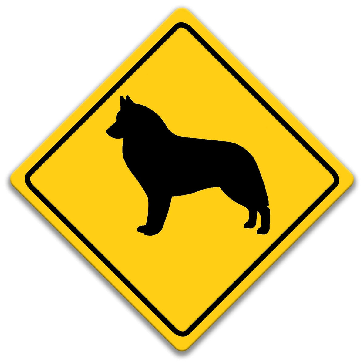 A yellow diamond-shaped road sign with a black silhouette of a dog in the center.
