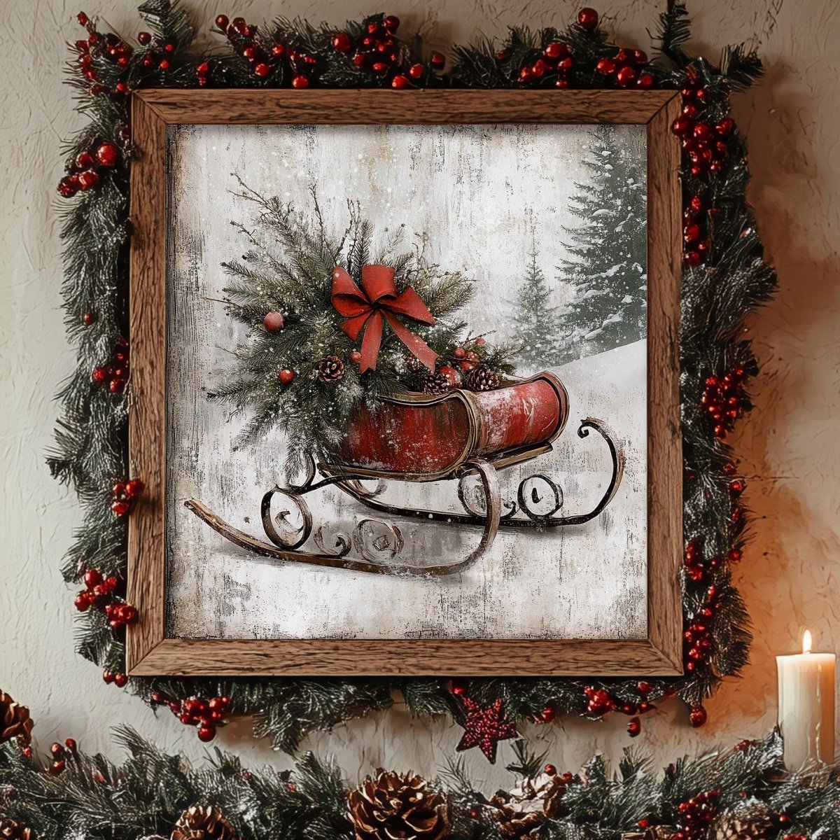 Red sleigh filled with evergreen boughs and a bow, art print styled with garland