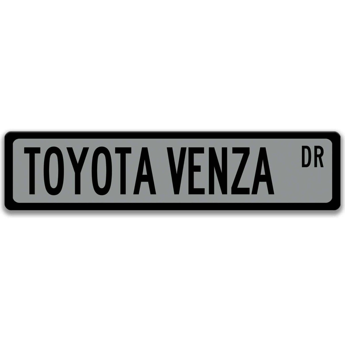 Gray metal street sign with black text reading TOYOTA VENZA DR
