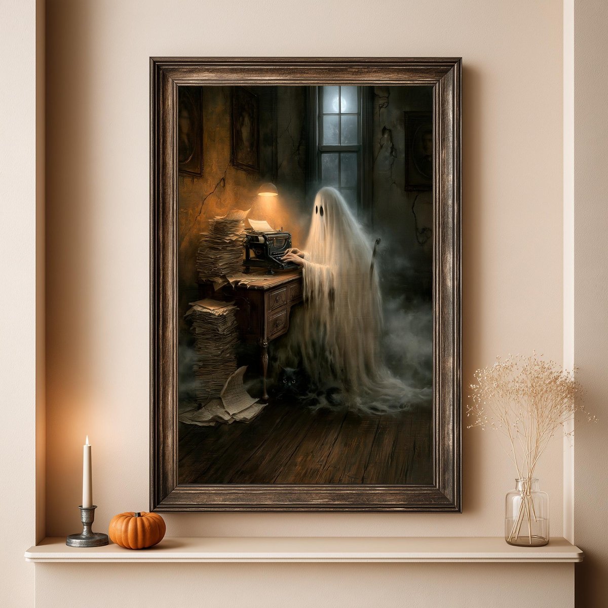 Ghost writer art print above a shelf with a candle and pumpkin