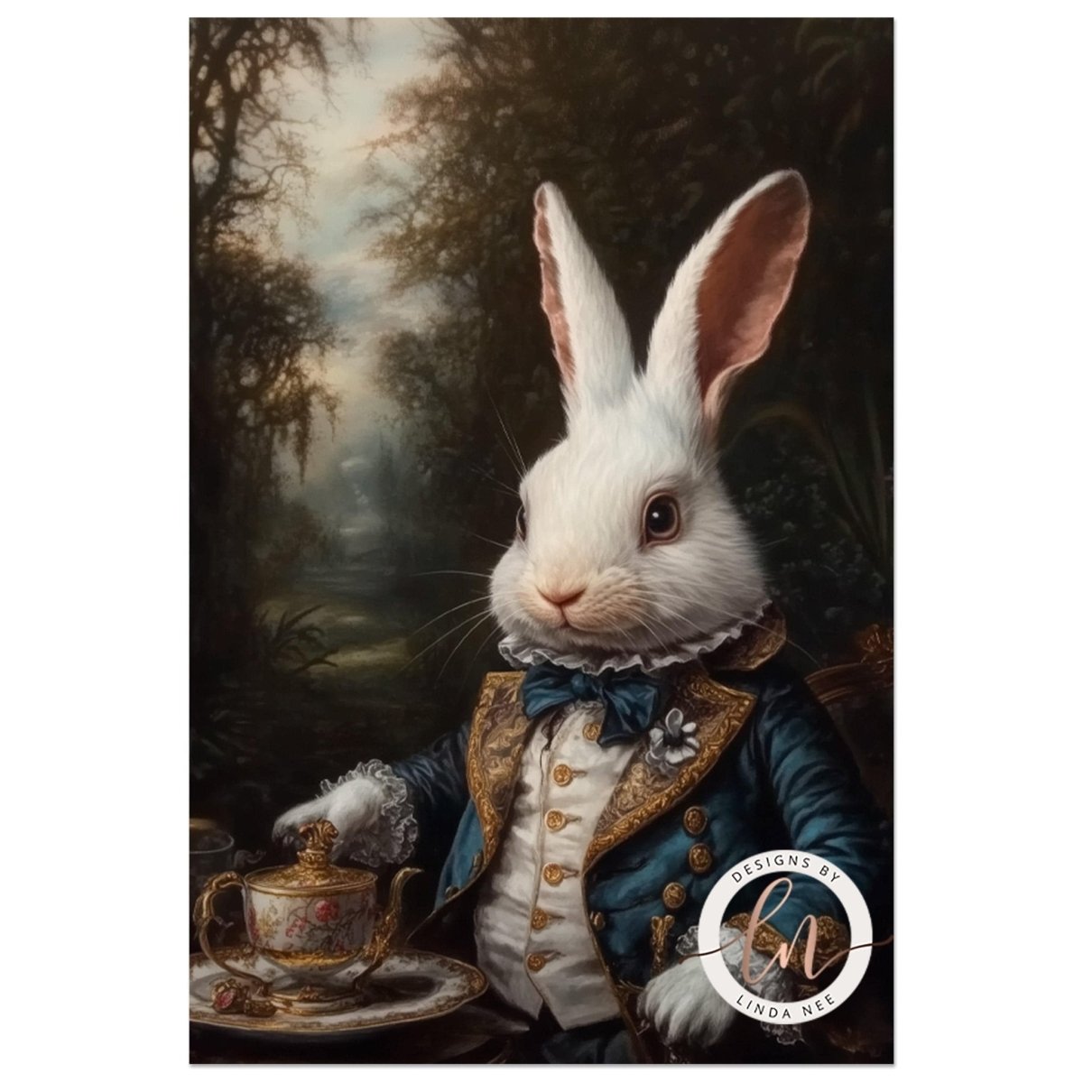 Close view of the white rabbit in a blue coat holding a teapot