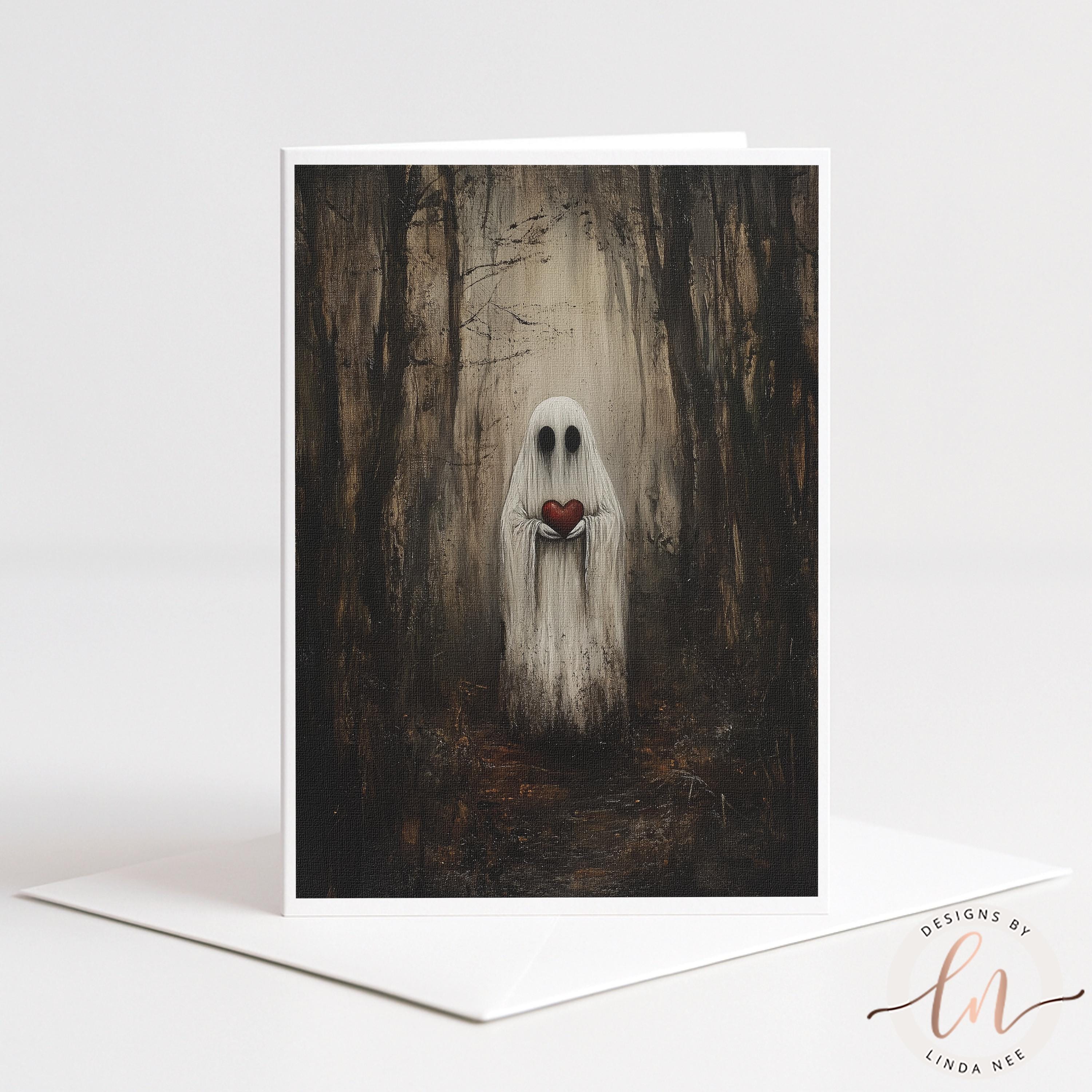 A ghostly figure holding a heart stands in a dark, foreboding forest, creating an eerie and mysterious atmosphere.