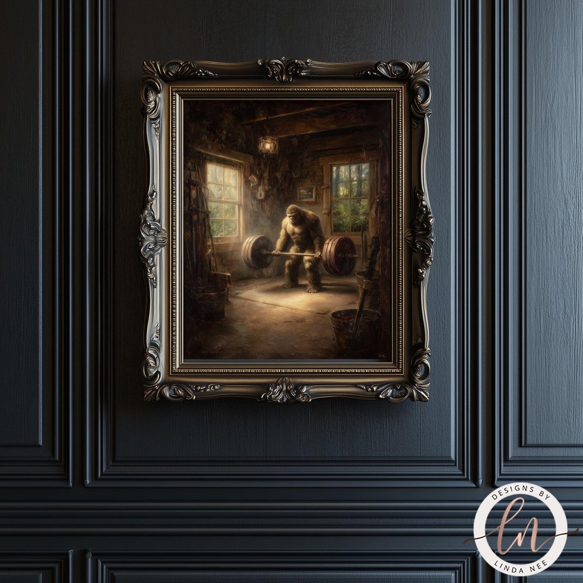 The image is a framed painting depicting a man lifting weights in a gym setting.