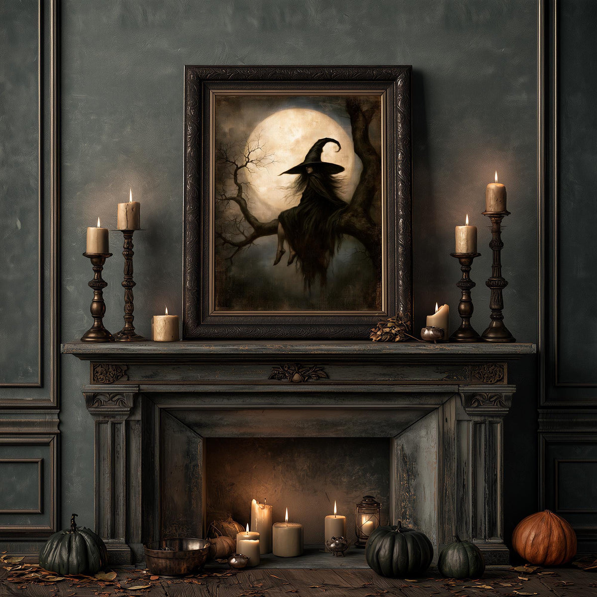 Full artwork view of the witch, the bare branches, and the enormous glowing moon