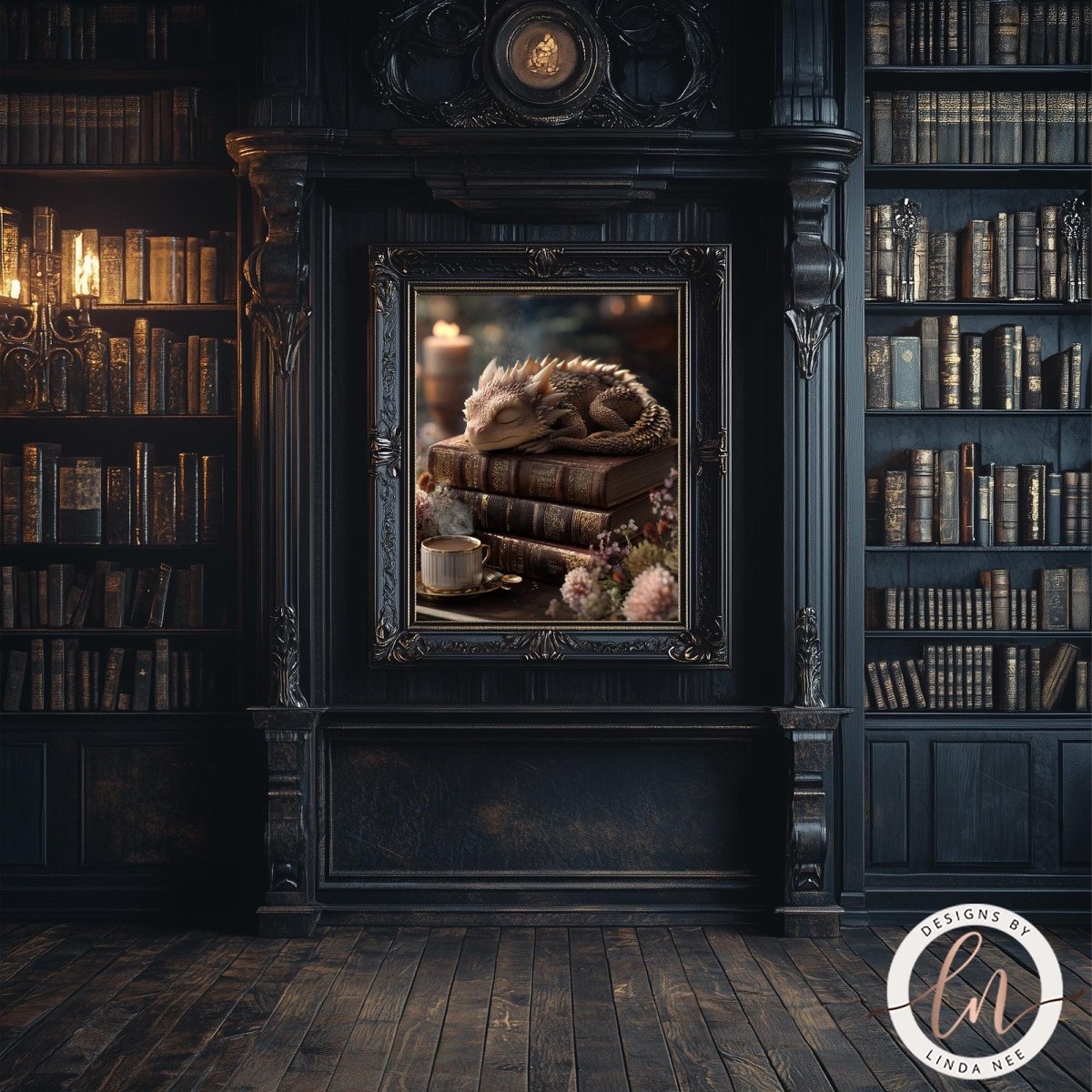 a cozy and inviting library scene, with a large bookshelf filled with books and a framed picture of a sleeping hedgehog on top of a stack of books.