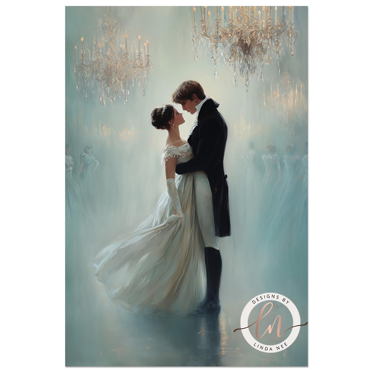 A couple dressed in formal attire embracing in a romantic setting, surrounded by ornate chandeliers and a misty, ethereal atmosphere.