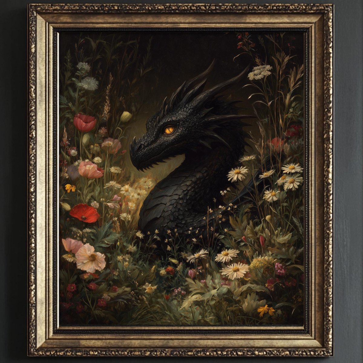 a black dragon surrounded by a lush, colorful garden filled with various flowers and plants.