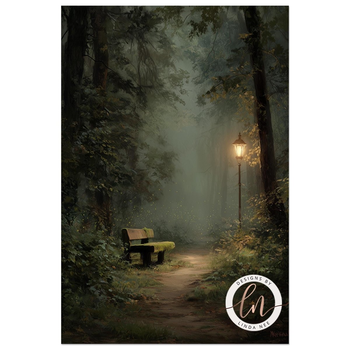 A serene forest path leads to a bench, with a lantern-lit lamp post standing on the right side, creating a peaceful and tranquil atmosphere.