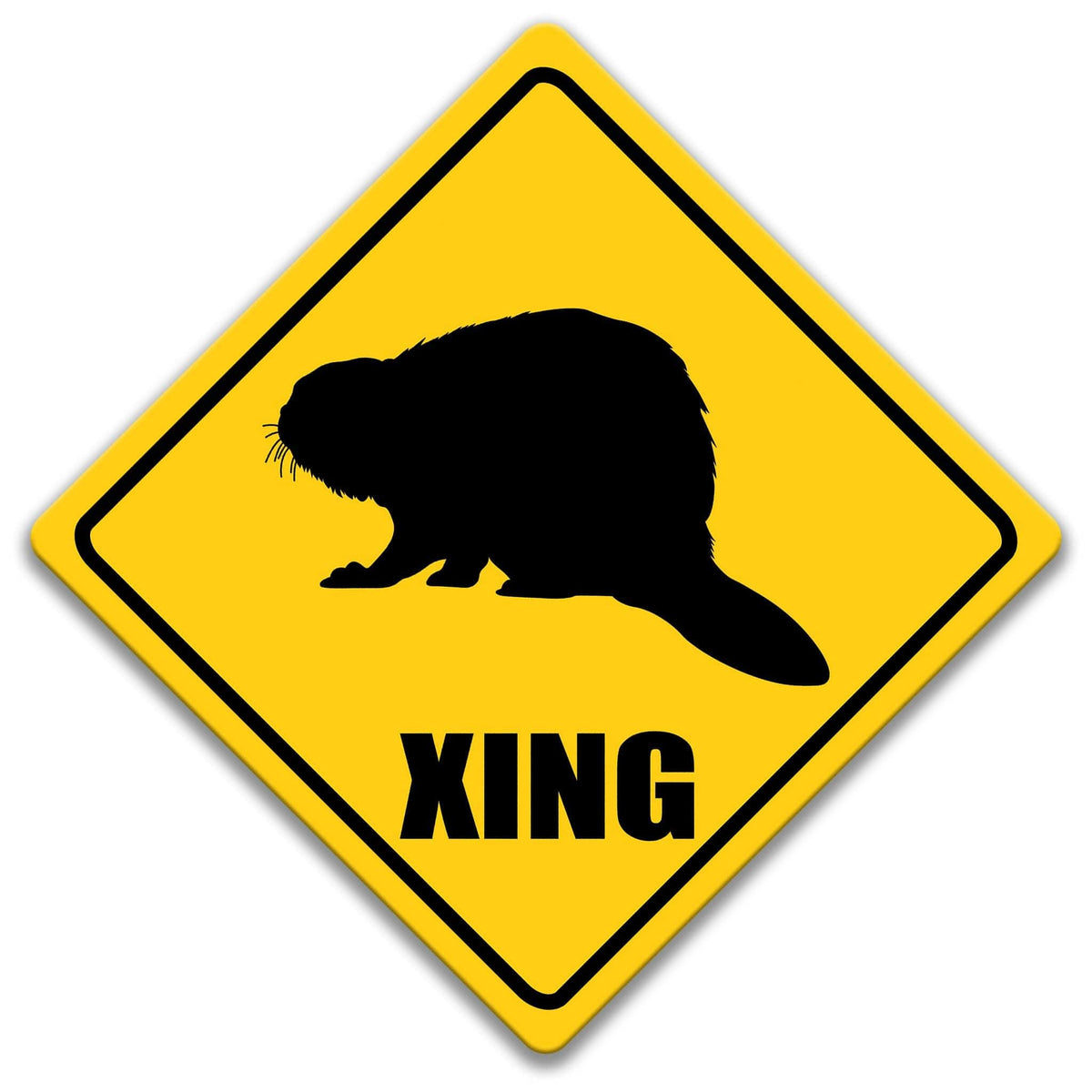 a yellow diamond-shaped sign with a black silhouette of a beaver and the word "XING" below it.
