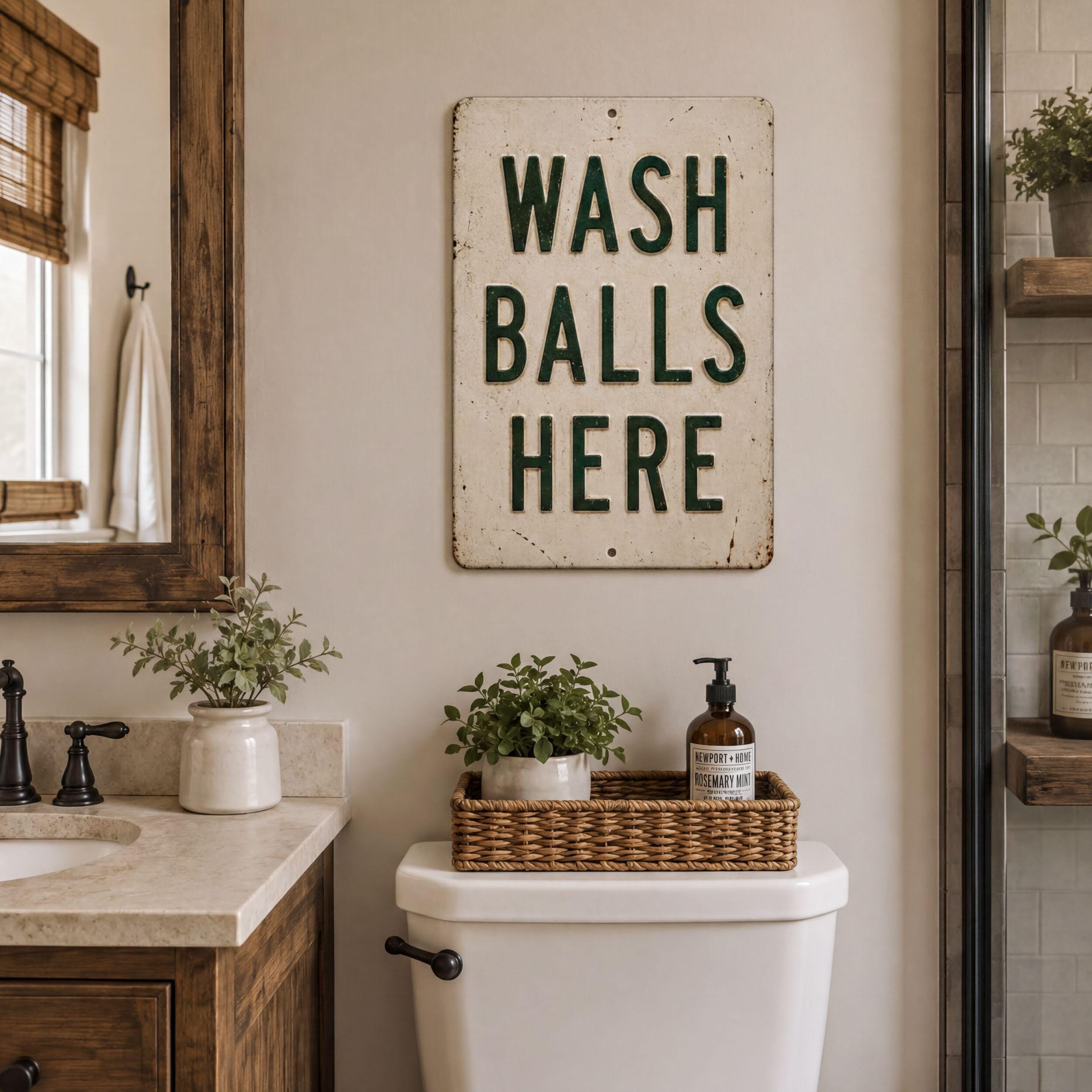 a bathroom with a sign that says "WASHballs here", a wicker basket on the toilet tank, and a potted plant on the counter.