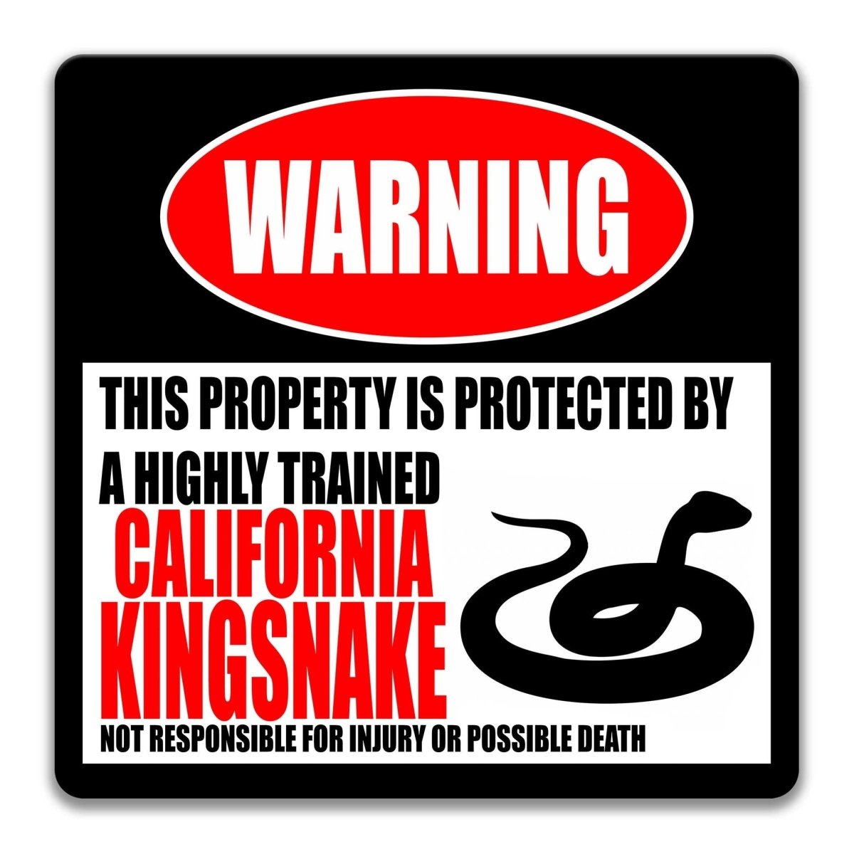 California Kingsnake warning sign, red WARNING banner and large California kingsnake silhouette, funny California Kingsnake lover gift, aluminum with rounded corners