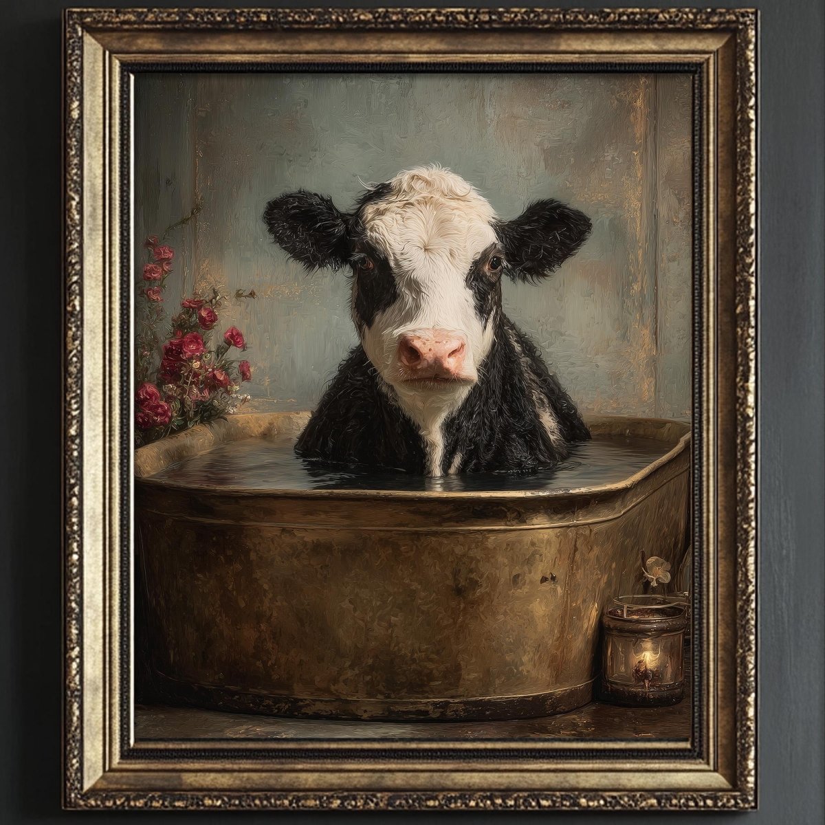 A black and white cow is sitting in a metal tub filled with water, surrounded by flowers and a lantern, in a rustic setting.