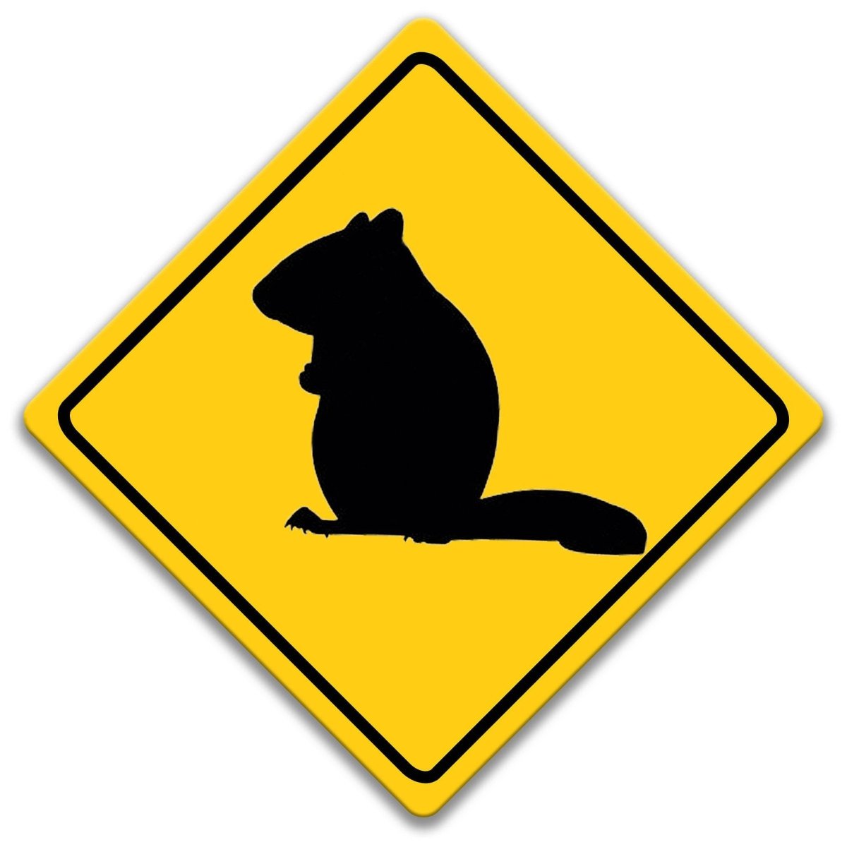 a yellow diamond-shaped sign with a black silhouette of a chipmunk in the center.