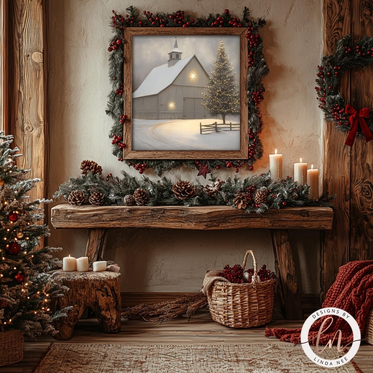 Snowy barn artwork shown on a rustic mantel with candles and a wreath