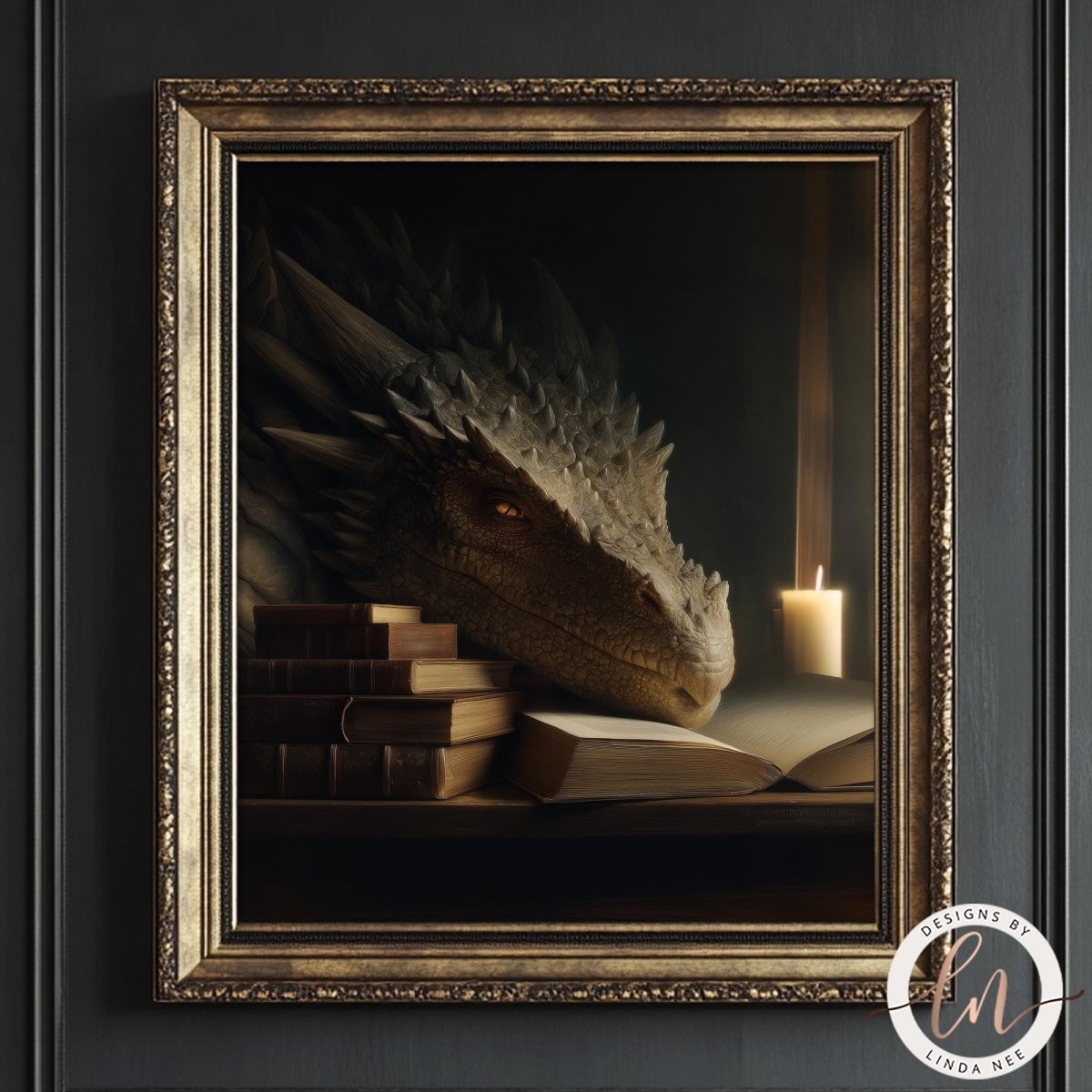 A framed image depicting a large, spiky dragon head resting on a stack of books, with a lit candle in the background.