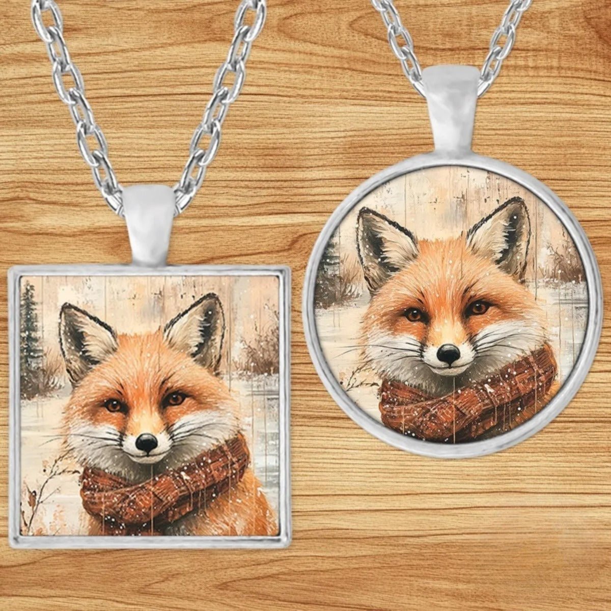 Winter Fox in a Plaid Scarf pendant necklace shown in round and square silver charm styles on a wood background