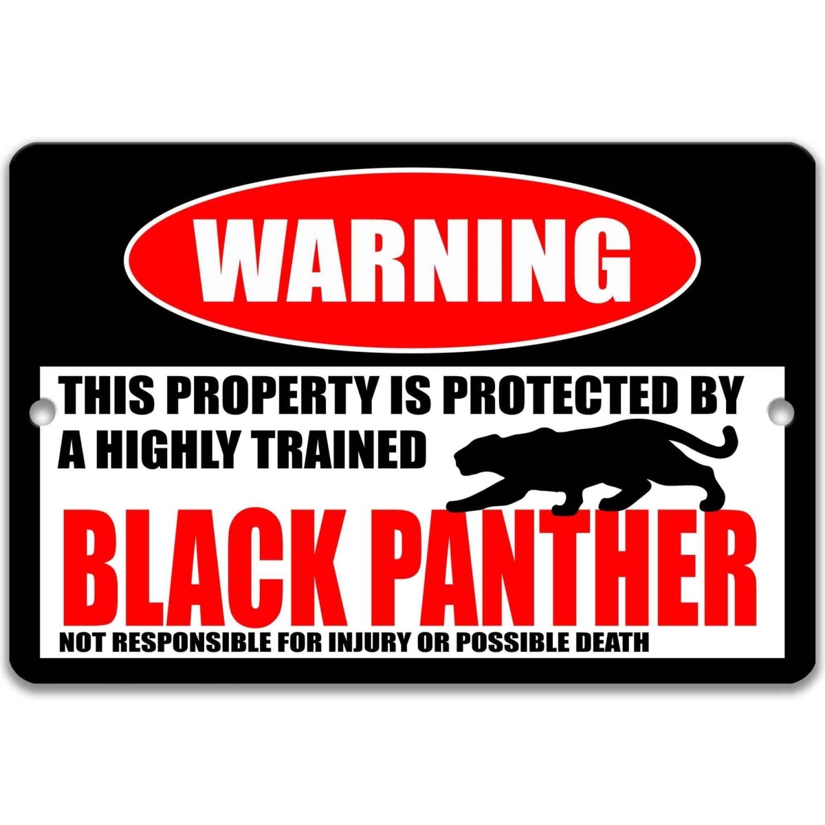 Black panther warning metal sign, glossy black, red WARNING oval and prowling panther silhouette