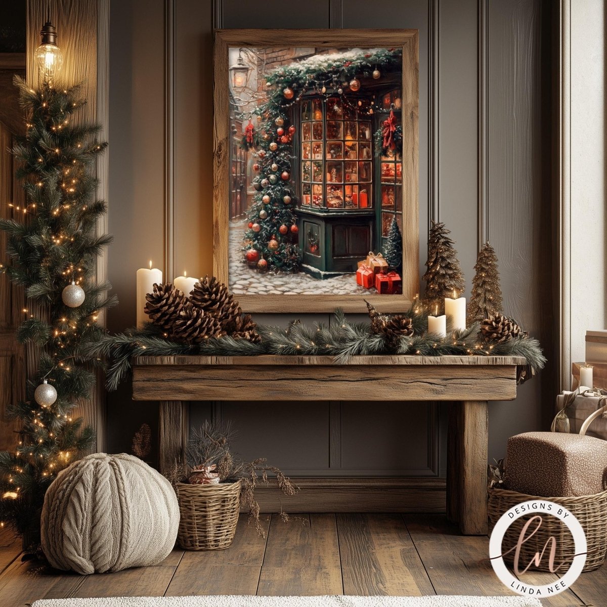 Christmas storefront artwork displayed with a black sofa and red pillows