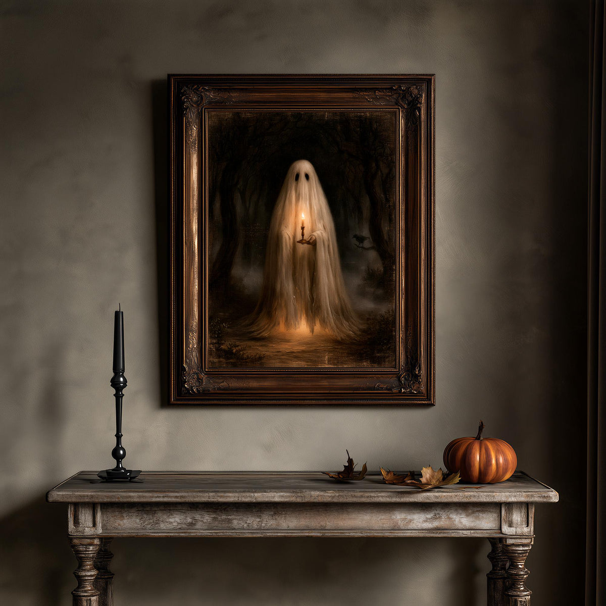 Vintage Halloween ghost art on a wall beside a small table and a lit candle