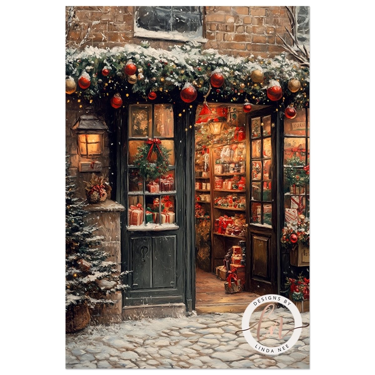 Christmas shop with an open glowing door and presents visible inside