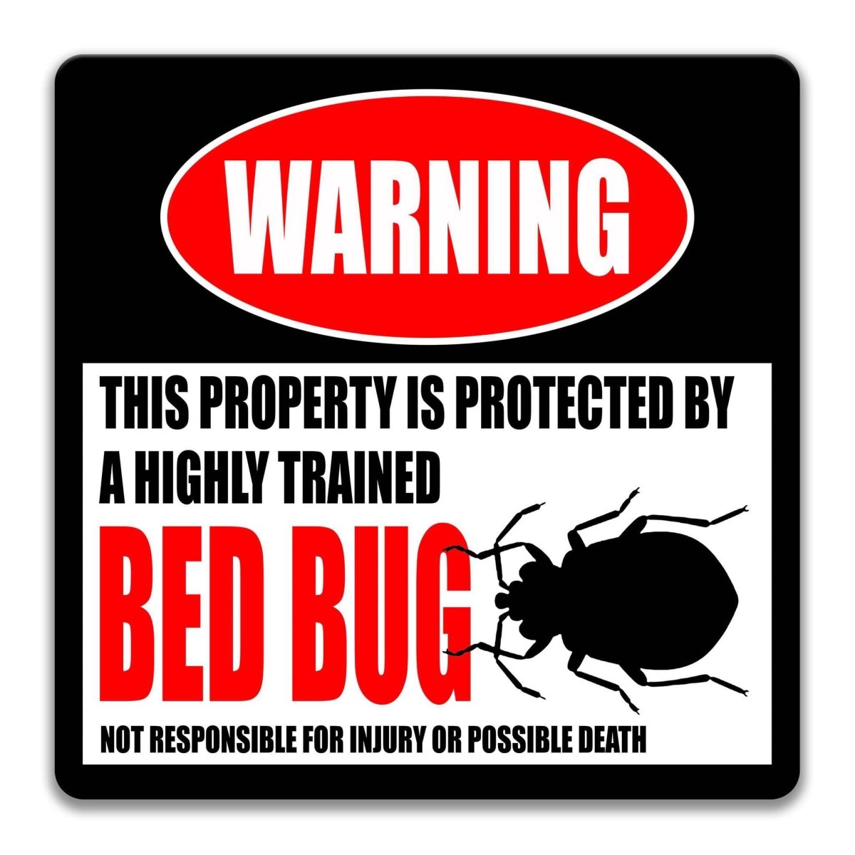 Square bed bug warning metal sign, black background with red WARNING banner and bed bug silhouette