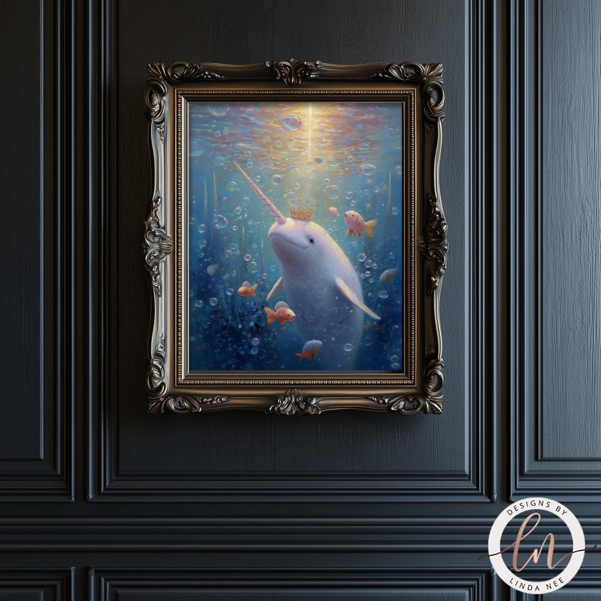a painting of a unicorn swimming underwater, surrounded by bubbles and fish.