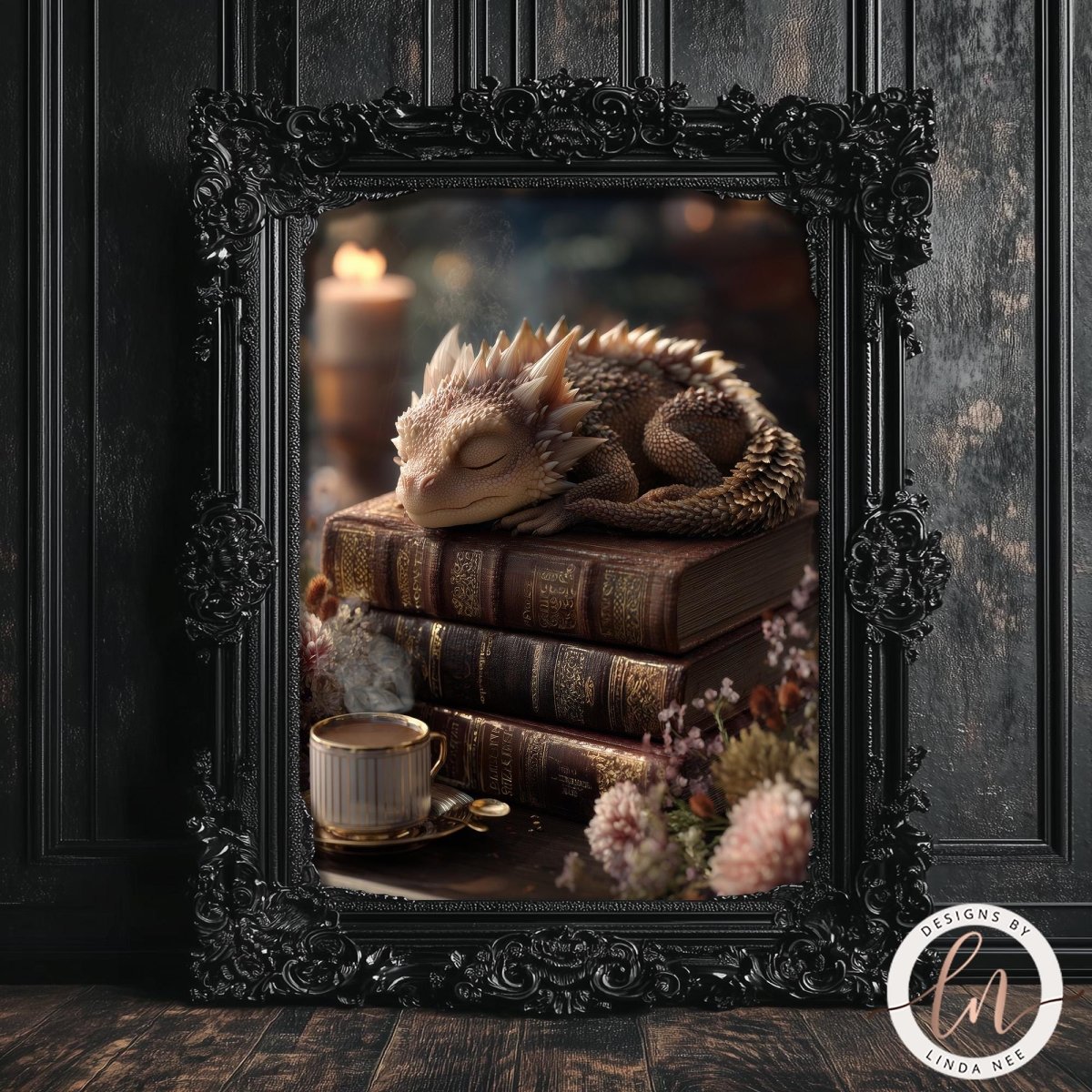 A framed image depicting a sleeping dragon resting on a stack of books, with a cup of tea nearby.