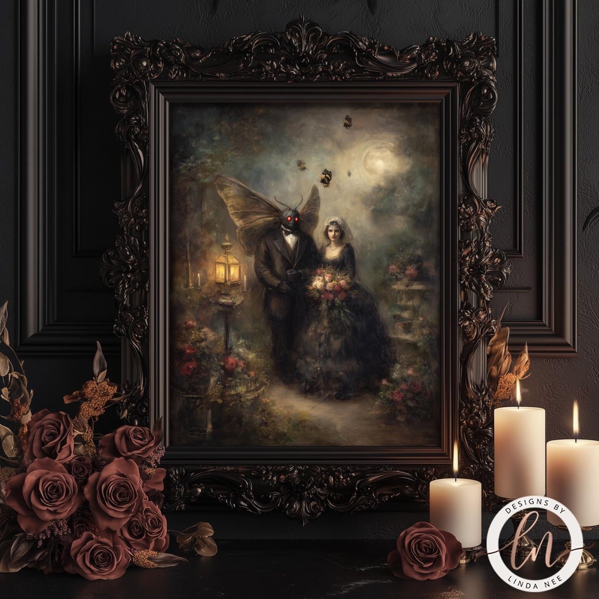 a painting of a couple dressed in formal attire, surrounded by a dark, moody atmosphere with a moon and bats in the background. The painting is framed in an ornate, dark frame, and there are lit candles and a bouquet of roses on a table in front of it.