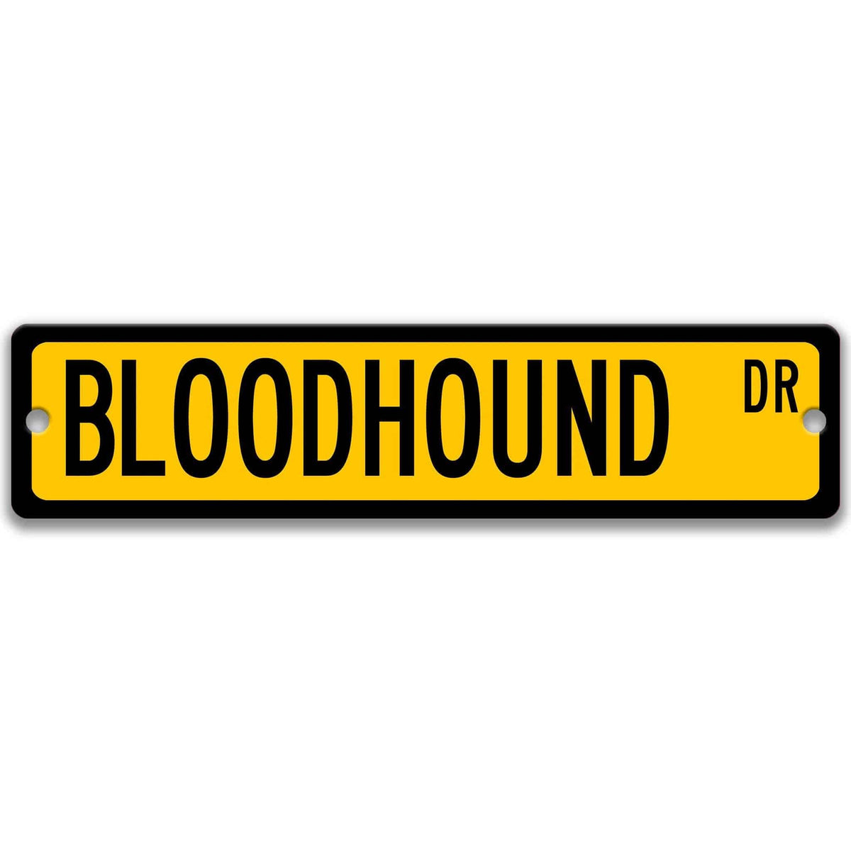 Yellow Bloodhound DR aluminum street sign with black lettering
