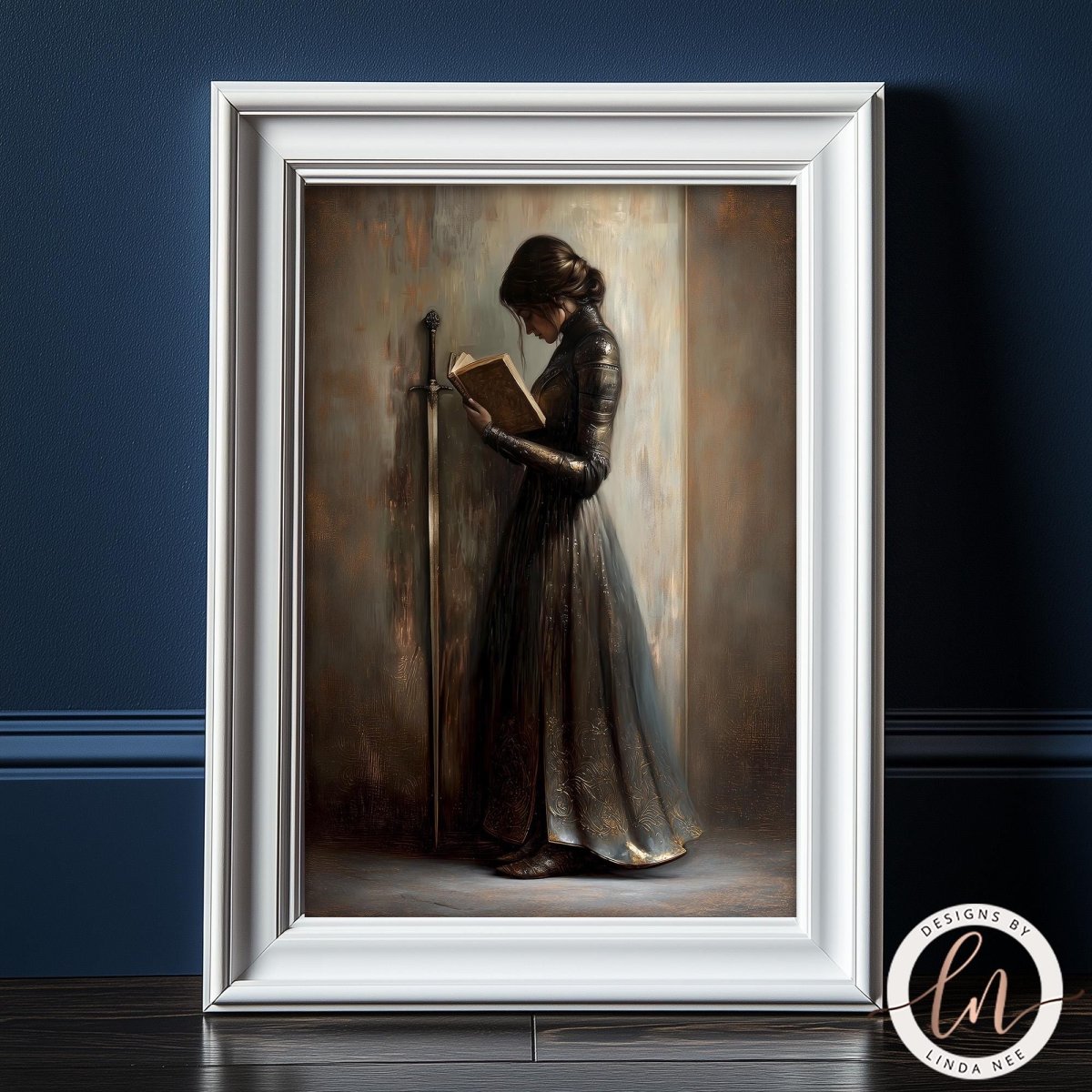 A woman in a long, flowing dress stands in a dimly lit room, engrossed in reading a book.
